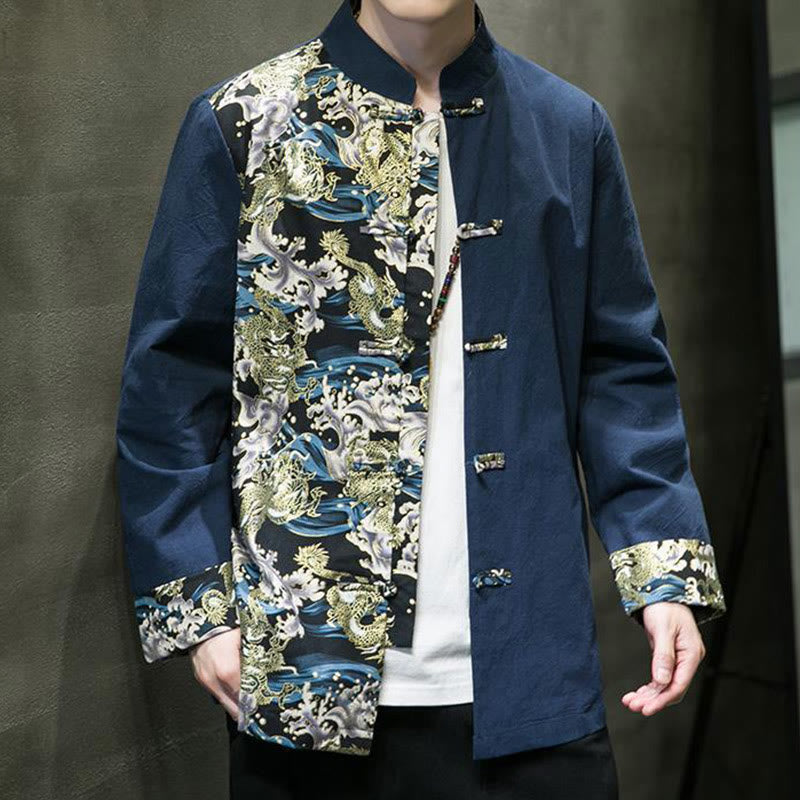 Buddha Stones Printed Color Contrast Dragon Pattern Frog-button Long Sleeve Men's Cotton Jacket - image 27