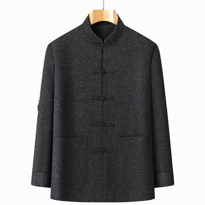 Buddha Stones Men's Fall Pure Color Frog-button Long Sleeve Cotton Tang Suit Jacket With Pockets - Black - US/UK/AU42，EU52 (3XL) - image 1