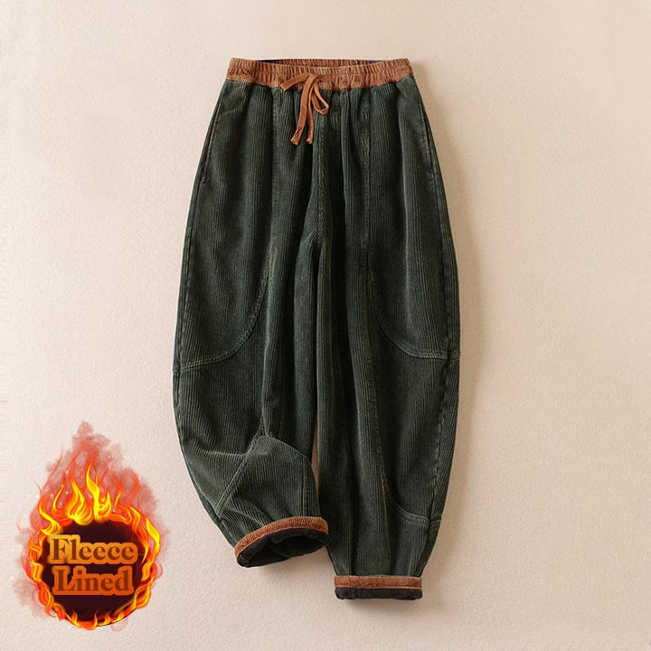 Buddha Stones Color Contrast Corduroy Cotton Women's Thermal Fleece-Lined Harem Pants With Pockets - image 16