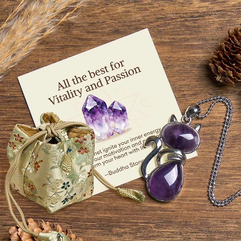 Buddha Stones "All the best for Calm and Wisdom" Cat Amethyst Necklace Includes Gift Message Card - Amethyst - Deluxe Gift Bag (+$12.59) - image 4