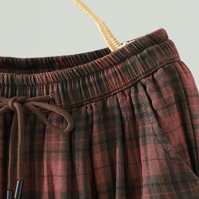 Buddha Stones Multi-color Plaid Pattern Cotton-padded Women's Harem Thermal Pants With Pockets - image 12