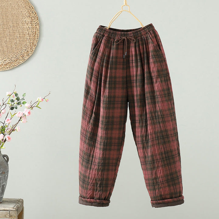 Buddha Stones Multi-color Plaid Pattern Cotton-padded Women's Harem Thermal Pants With Pockets - IndianRed - US8-10，UK/AU12-14，EU40-42 (2XL) - image 10
