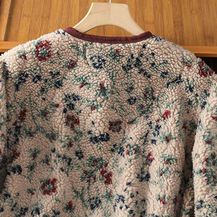 Buddha Stones Women's Cotton Flower Pattern Buttons Design Long Sleeve Thermal Jacket With Pockets - image 4