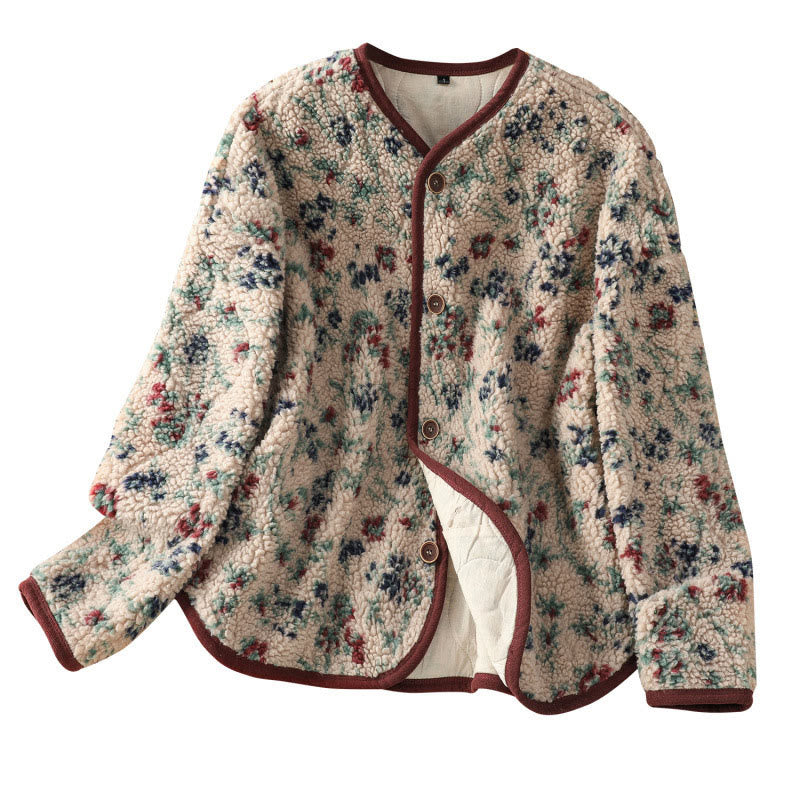 Buddha Stones Women's Cotton Flower Pattern Buttons Design Long Sleeve Thermal Jacket With Pockets - image 14
