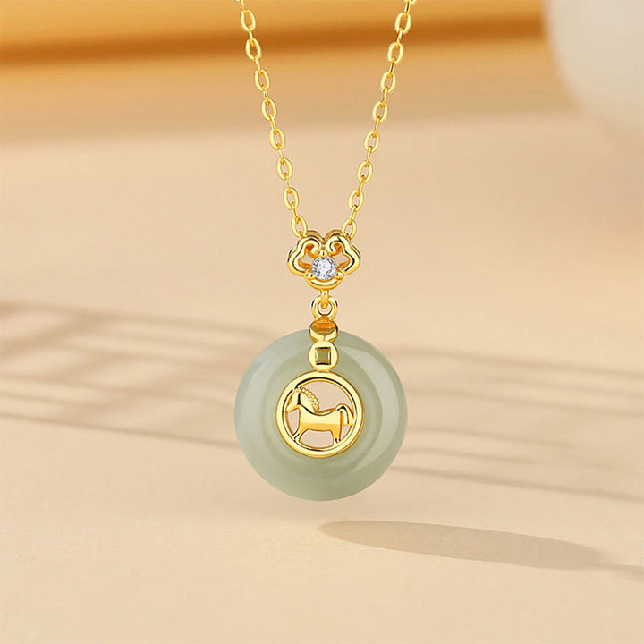 Buddha Stones 925 Sterling Silver Hetian Jade Peace Buckle Year Of The Horse Red String Bracelet - Horse Necklace - image 10