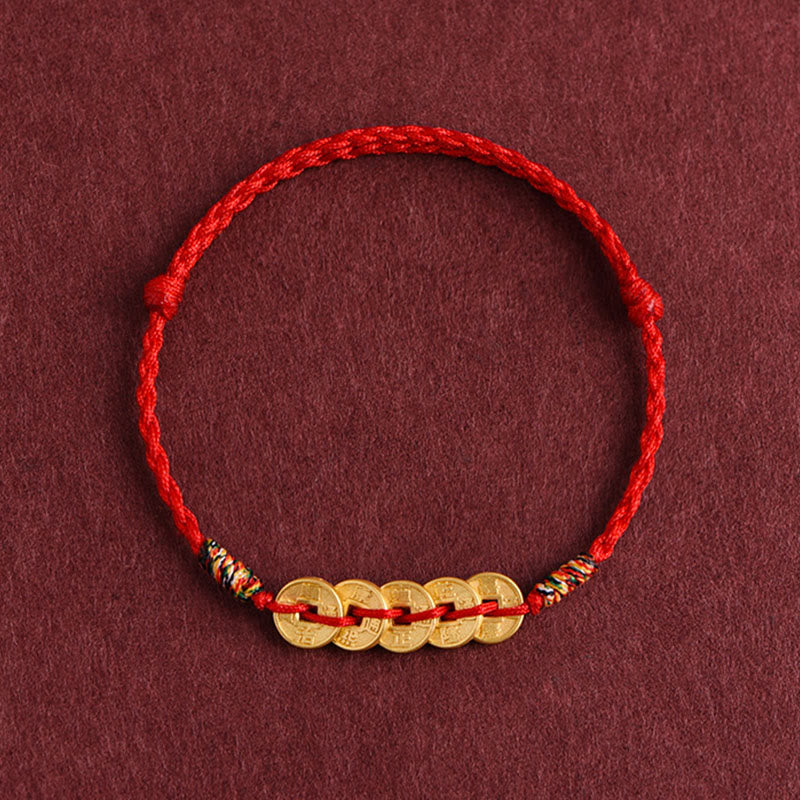 Buddha Stones Five Copper Coins Design Braided String Protection Bracelet Anklet - Red Anklet - image 1