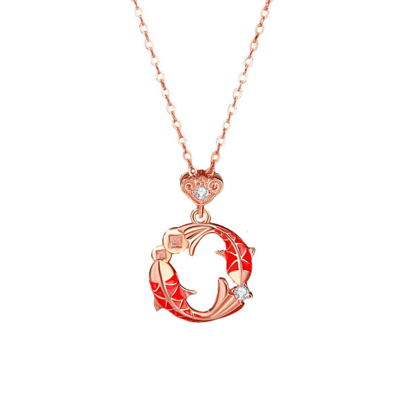 Buddha Stones 925 Sterling Silver Plated 18k Gold Double Koi Fish Blessing Necklace Pendant - image 2