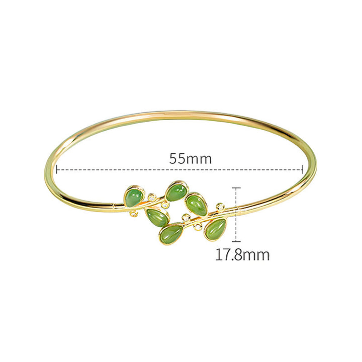 Buddha Stones 925 Sterling Silver Leaves Engraved Green Jasper Protection Bracelet Bangle - image 4