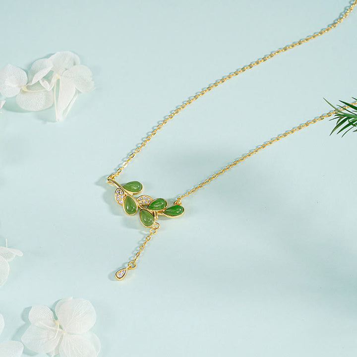 Buddha Stones 925 Sterling Silver Leaves Tassel Design Green Jasper Protection Necklace Pandant - 925 Sterling Silver Necklace - image 1
