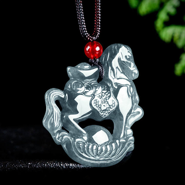 Buddha Stones Year of the Horse Jade Ingot Luck Prosperity Rope Necklace Pendant - image 1