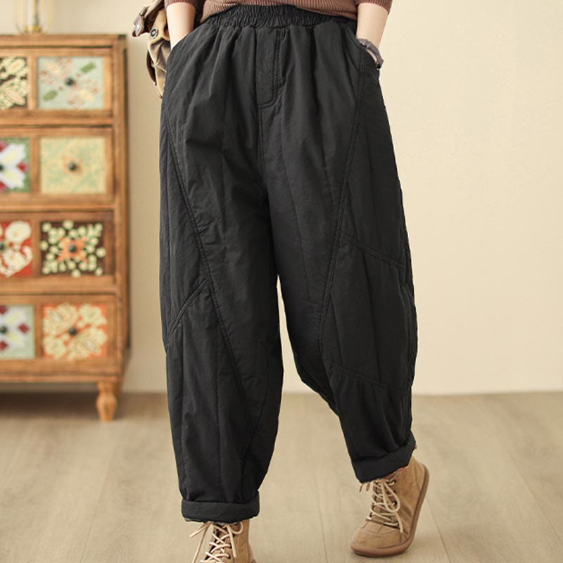 Buddha Stones Winter Plain High Waist Cotton Women's Harem Thermal Elastic Waist Pants With Pockets - image 8