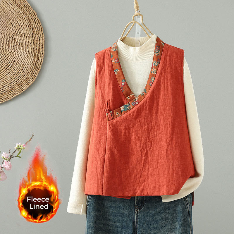 Buddha Stones Flower Pattern V-Neck Frog-Button Women's Sleeveless Vest Waistcoat - Tomato - US8-10，UK/AU12-14，EU40-42 (2XL) - image 0