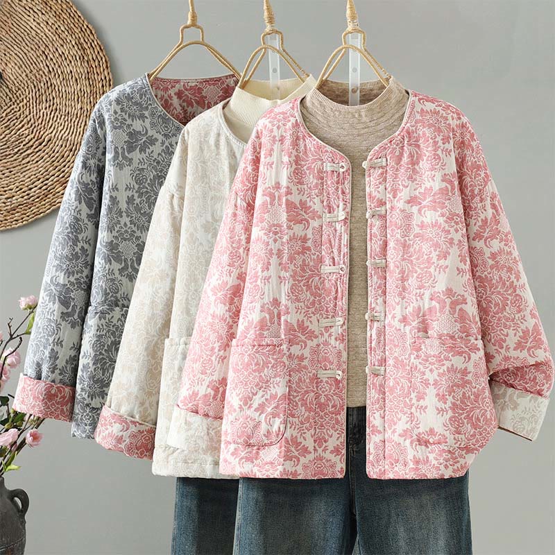 Buddha Stones Women's Peony Flowers Frog-Button Design Long Sleeve Thermal Jacket With Pockets - image 1