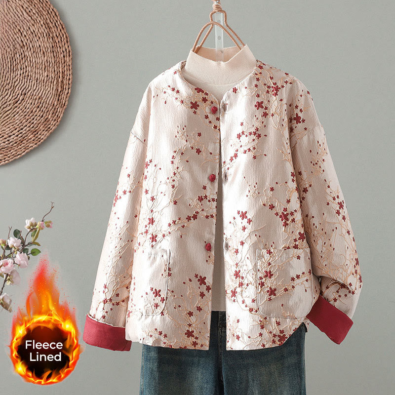 Buddha Stones Red Flowers Vine Buttons Design Long Sleeve Thermal Women's Jacket With Pockets - LavenderBlush - US8-10，UK/AU12-14，EU40-42 (2XL) - image 0