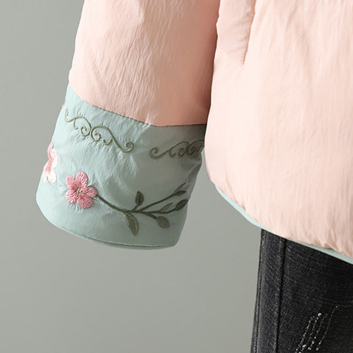 Buddha Stones Peach Blossom Embroidery Frog-Button Long Sleeve Thermal Women's Jacket With Pockets - image 8