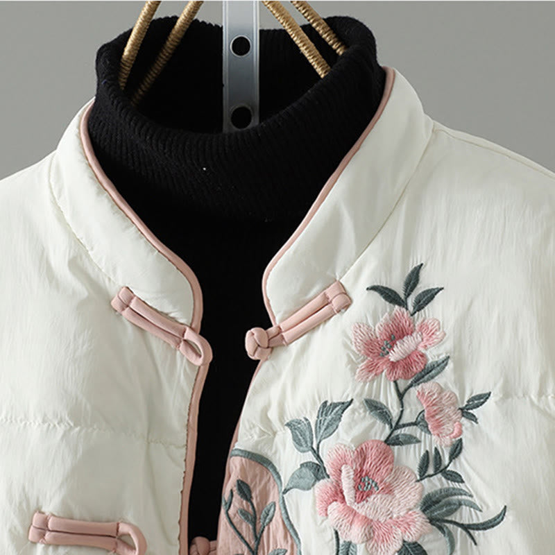 Buddha Stones Peach Blossom Embroidery Frog-Button Long Sleeve Thermal Women's Jacket With Pockets - image 17