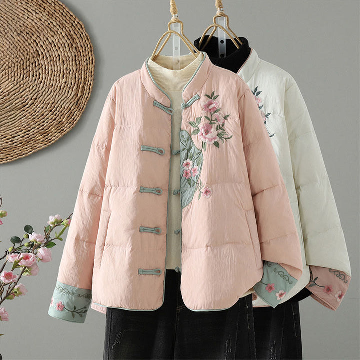Buddha Stones Peach Blossom Embroidery Frog-Button Long Sleeve Thermal Women's Jacket With Pockets - image 0