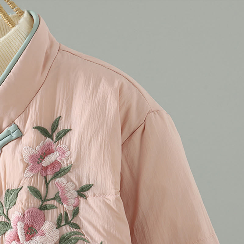 Buddha Stones Peach Blossom Embroidery Frog-Button Long Sleeve Thermal Women's Jacket With Pockets - image 5