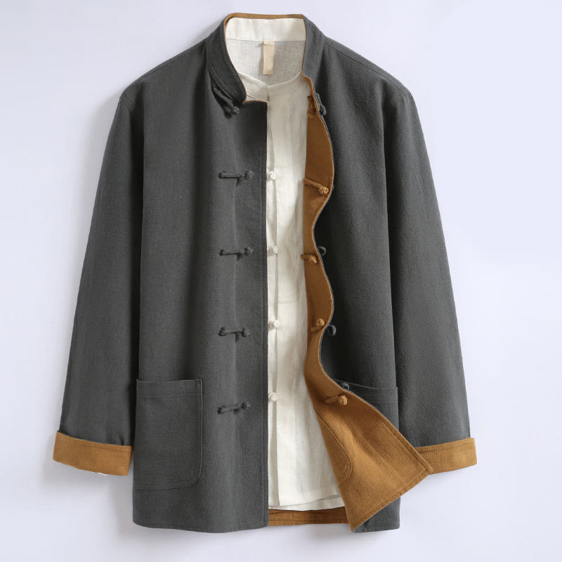 Buddha Stones Spring Chinese Reversible Men's Frog-Button Cotton Long Sleeve Jacket - Gray - US/UK/AU46，EU56 (5XL) - image 0