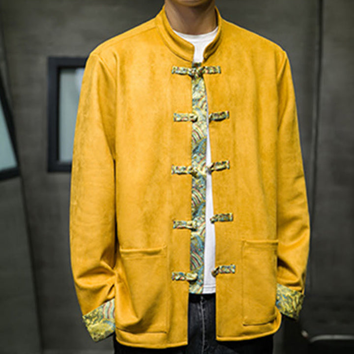 Buddha Stones Fall Waves Frog-Button Long Sleeve Men's Suede Cotton Jacket With Pockets - image 9