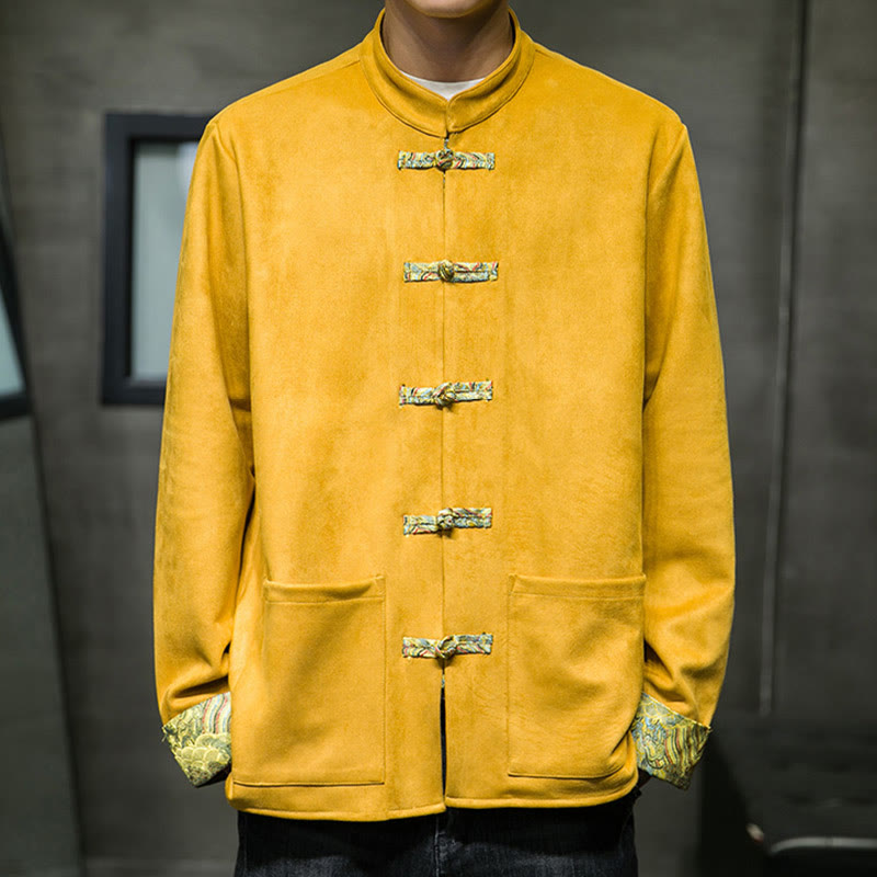 Buddha Stones Fall Waves Frog-Button Long Sleeve Men's Suede Cotton Jacket With Pockets - image 7