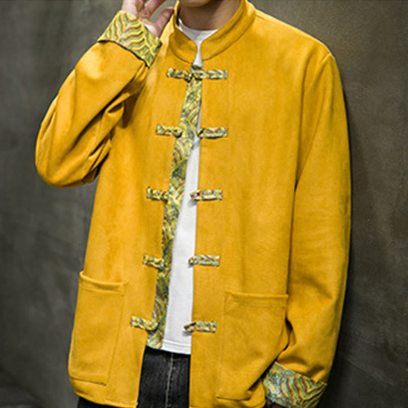 Buddha Stones Fall Waves Frog-Button Long Sleeve Men's Suede Cotton Jacket With Pockets - image 2