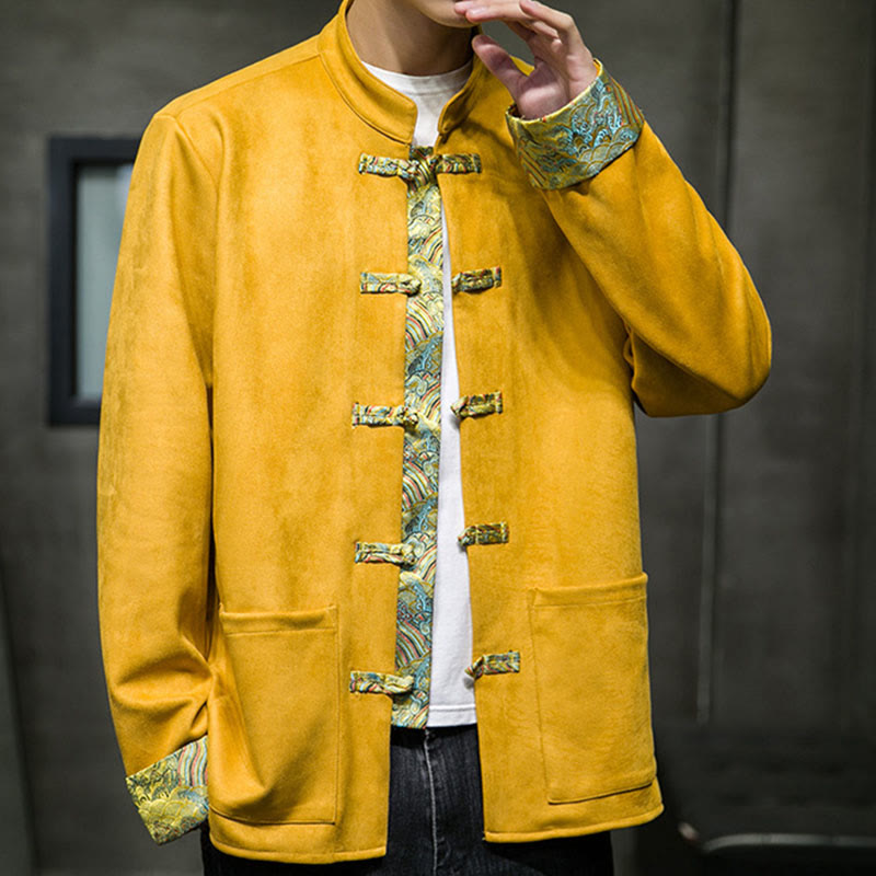 Buddha Stones Fall Waves Frog-Button Long Sleeve Men's Suede Cotton Jacket With Pockets - image 6