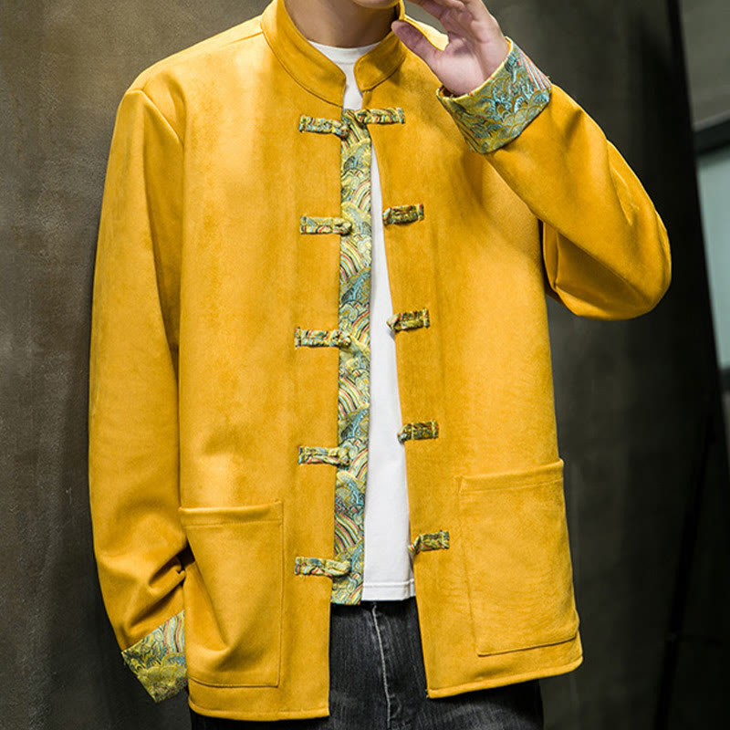 Buddha Stones Fall Waves Frog-Button Long Sleeve Men's Suede Cotton Jacket With Pockets - image 1