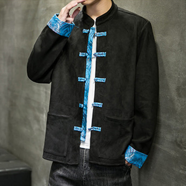 Buddha Stones Fall Waves Frog-Button Long Sleeve Men's Suede Cotton Jacket With Pockets - image 20