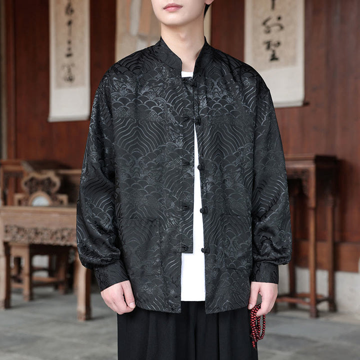 Buddha Stones Fall Flower Leaves Jacquard Frog-Button Long Sleeve Men's Jacket With Pockets - Black - US/UK/AU46，EU56 (5XL) - image 13