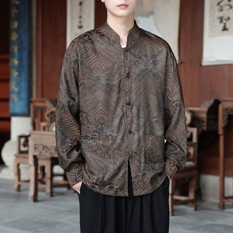 Buddha Stones Fall Flower Leaves Jacquard Frog-Button Long Sleeve Men's Jacket With Pockets - image 6