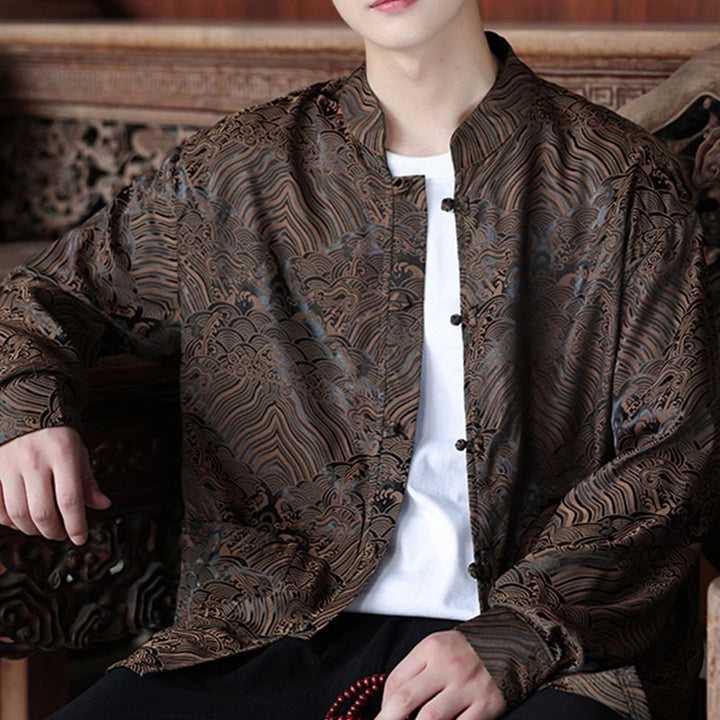 Buddha Stones Fall Flower Leaves Jacquard Frog-Button Long Sleeve Men's Jacket With Pockets - image 3