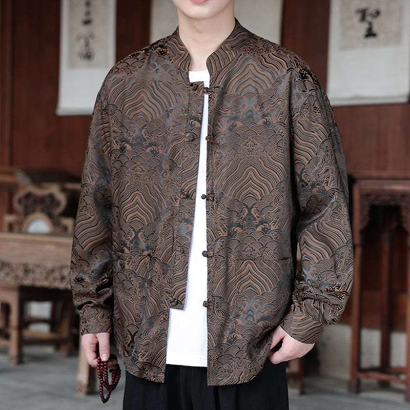 Buddha Stones Fall Flower Leaves Jacquard Frog-Button Long Sleeve Men's Jacket With Pockets - image 8