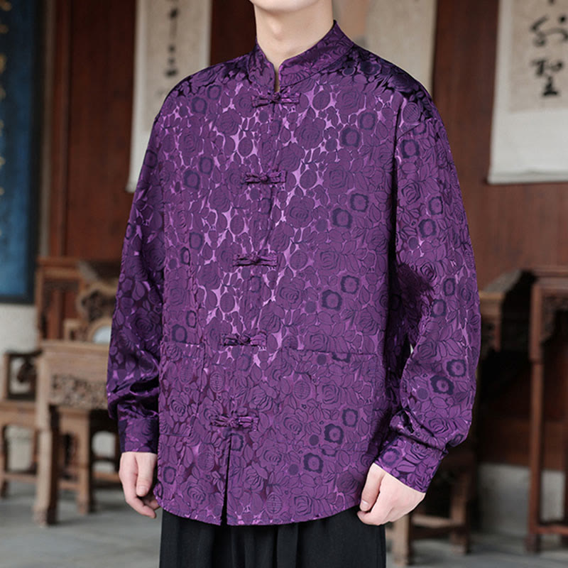 Buddha Stones Fall Flower Leaves Jacquard Frog-Button Long Sleeve Men's Jacket With Pockets - image 19