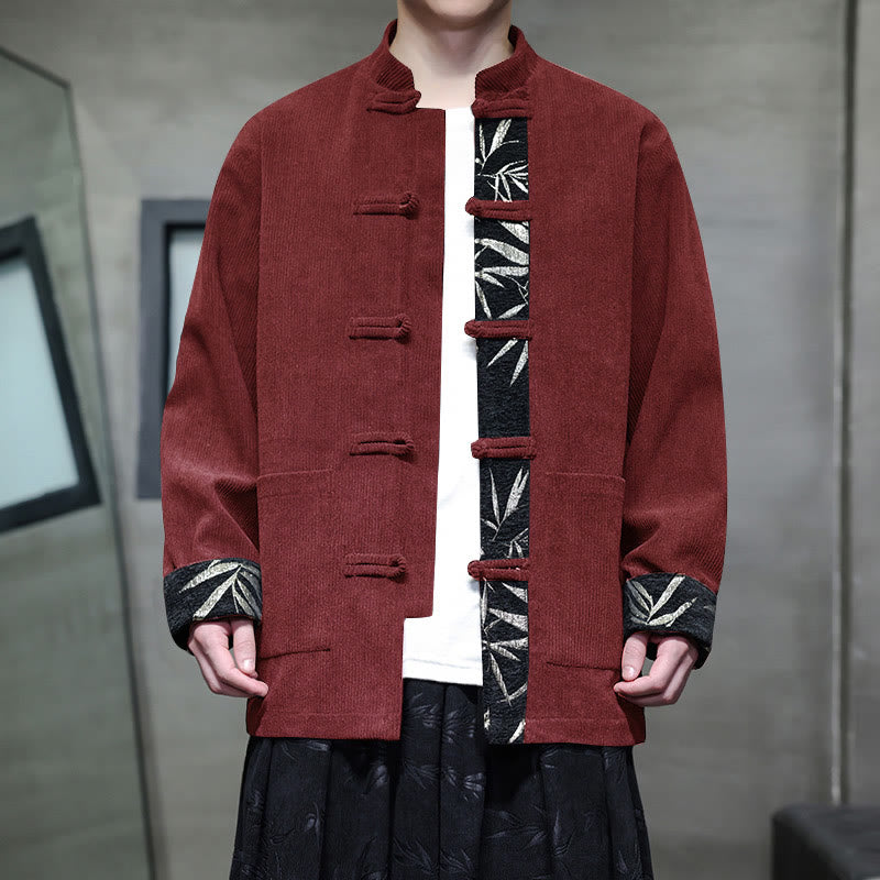 Buddha Stones Fall Bamboo Frog-Button Long Sleeve Men's Corduroy Cotton Jacket With Pockets - DarkRed - US/UK/AU46，EU56 (5XL) - image 0