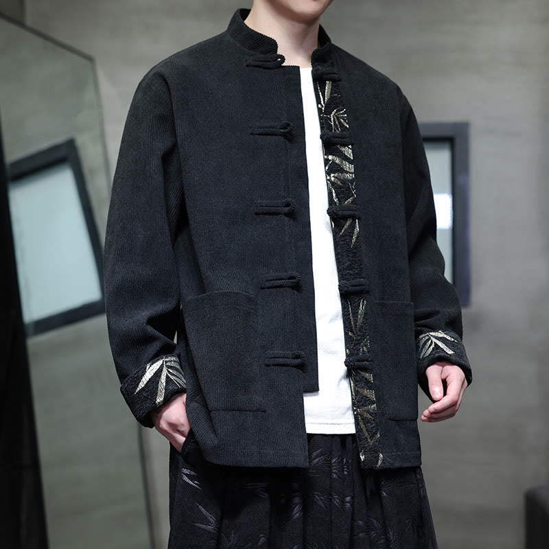 Buddha Stones Fall Bamboo Frog-Button Long Sleeve Men's Corduroy Cotton Jacket With Pockets - Black - US/UK/AU46，EU56 (5XL) - image 5