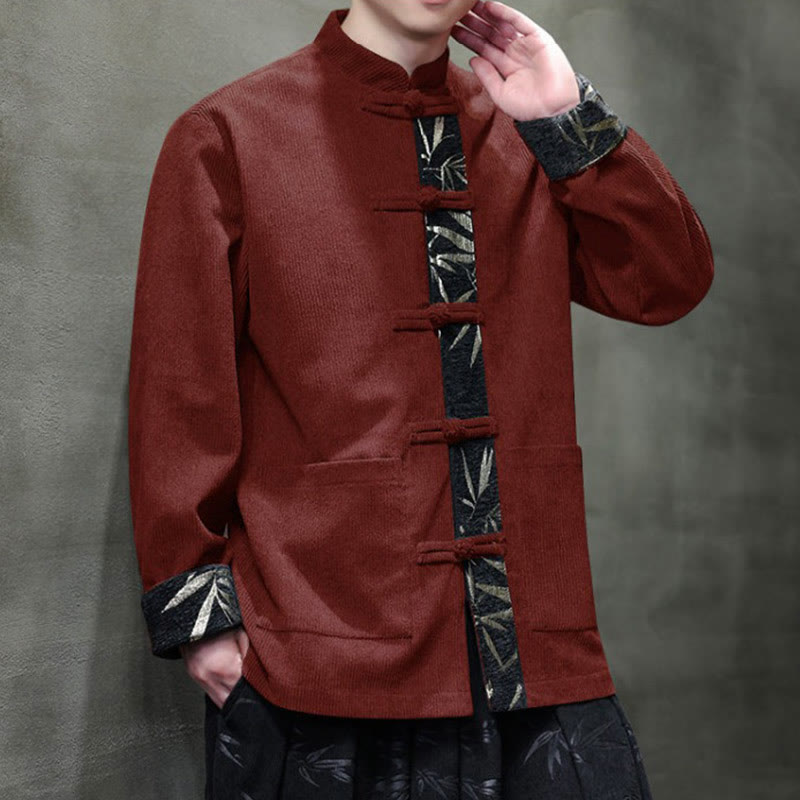 Buddha Stones Fall Bamboo Frog-Button Long Sleeve Men's Corduroy Cotton Jacket With Pockets - image 1