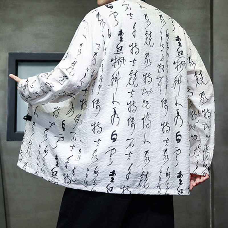 Buddha Stones Spring Fall Calligraphy Frog-Button Long Sleeve Men's Jacket - image 3