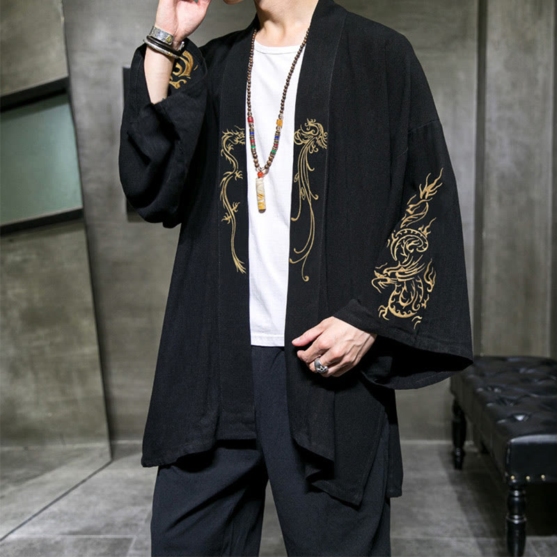 Buddha Stones Dragon Phoenix Open Front Long Sleeve Jacket Men's Cotton Kimono - image 2
