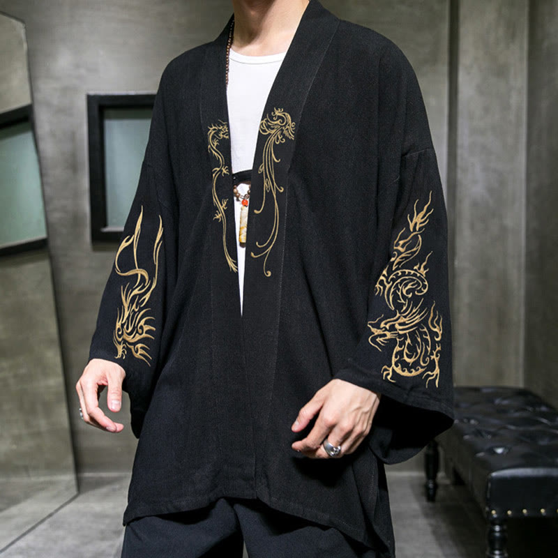 Buddha Stones Dragon Phoenix Open Front Long Sleeve Jacket Men's Cotton Kimono - image 5