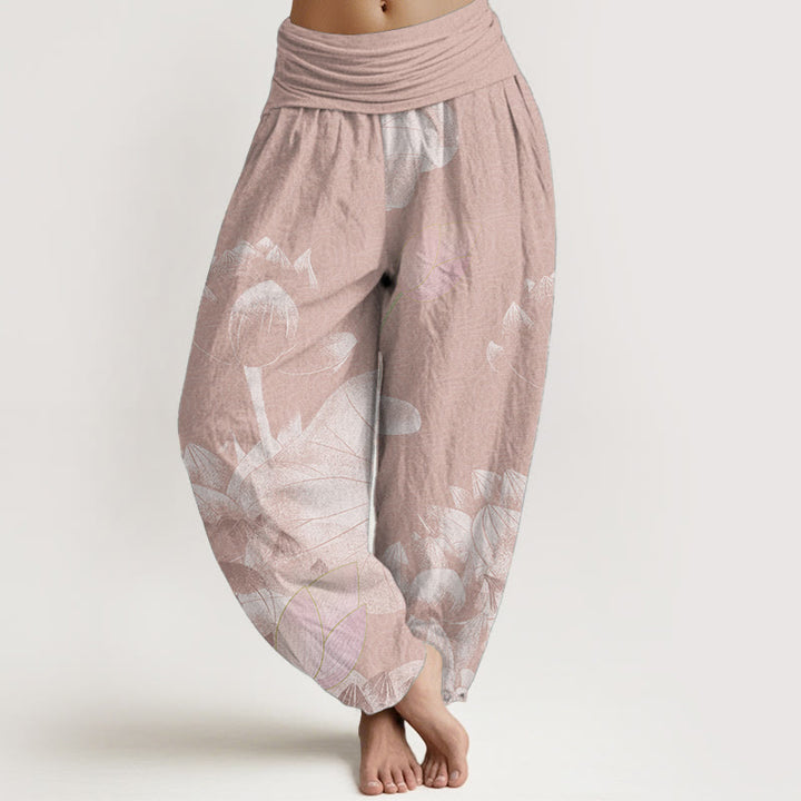 Buddha Stones Pink And White Lotus Women's Elastic Waist Harem Pants - DarkSalmon - US22，UK/AU26，EU54 (6XL) - image 0