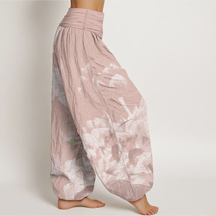 Buddha Stones Pink And White Lotus Women's Elastic Waist Harem Pants - image 2