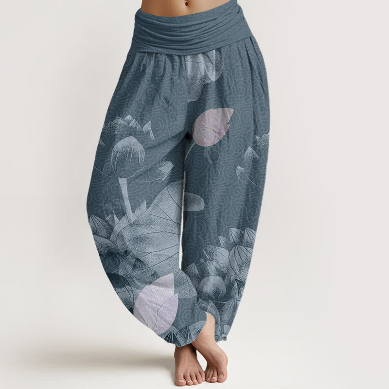 Buddha Stones Pink And White Lotus Women's Elastic Waist Harem Pants - SteelBlue - US22，UK/AU26，EU54 (6XL) - image 4