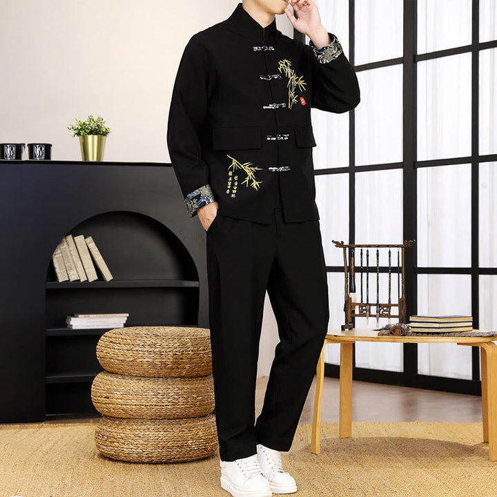 Buddha Stones 2Pcs Tang Suit Bamboo Frog-Button Men's Long Sleeve Shirt Pants Clothing Set - image 2