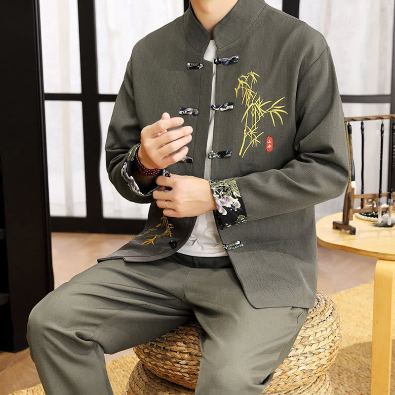 Buddha Stones 2Pcs Tang Suit Bamboo Frog-Button Men's Long Sleeve Shirt Pants Clothing Set - image 18