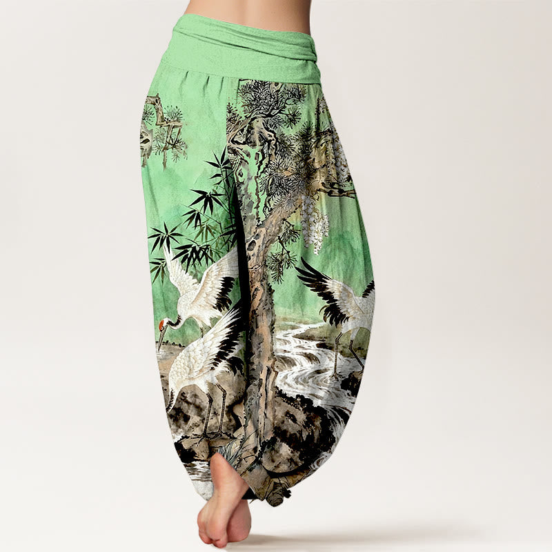 Buddha Stones Pure Cotton Red-crowned Crane Stream Pattern Women's Elastic Waist Harem Pants - image 6