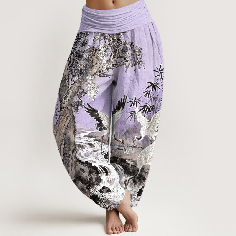 Buddha Stones Pure Cotton Red-crowned Crane Stream Pattern Women's Elastic Waist Harem Pants - MediumPurple - US16，UK/AU20，EU48 (3XL) - image 8