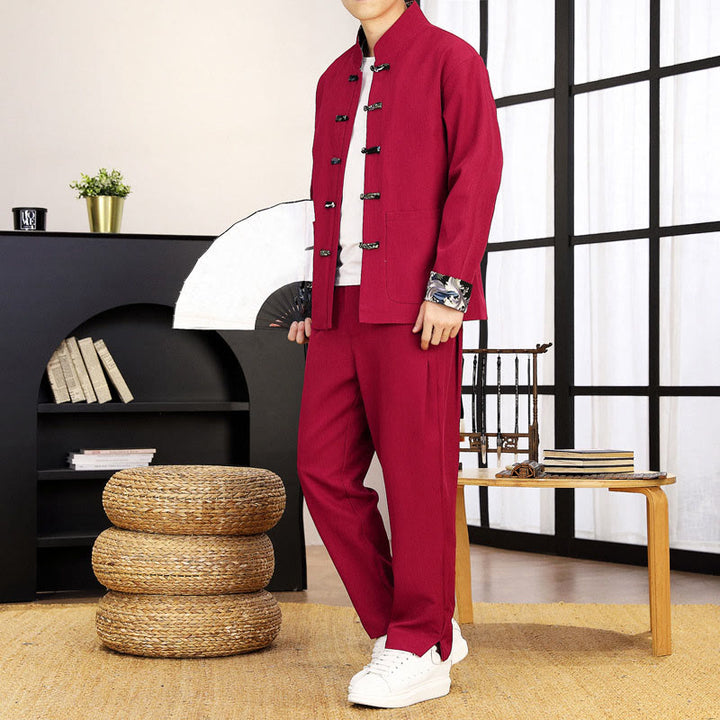 Buddha Stones 2Pcs Tang Suit Frog-Button Men's Waves Long Sleeve Shirt Pants Clothing Set - Crimson - US/UK/AU44，EU54 (4XL) - image 23
