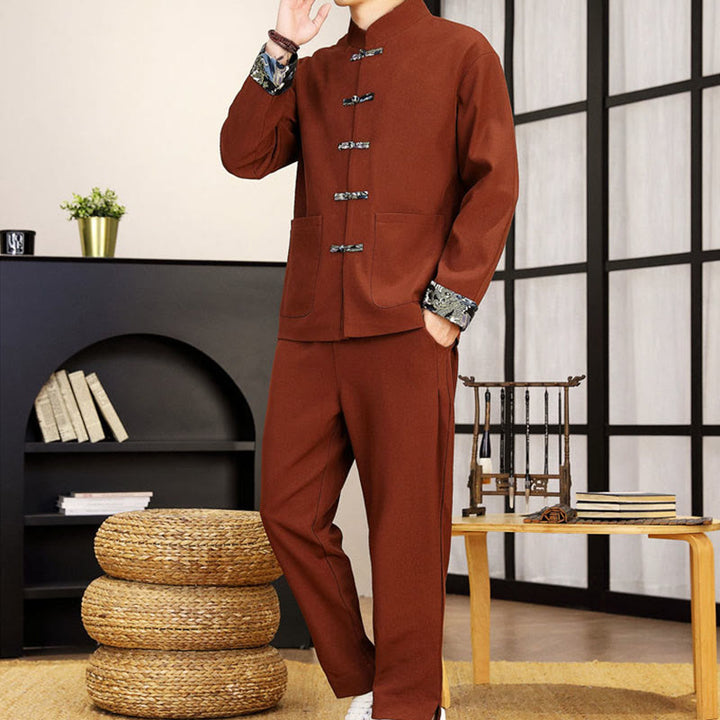 Buddha Stones 2Pcs Tang Suit Frog-Button Men's Waves Long Sleeve Shirt Pants Clothing Set - image 2