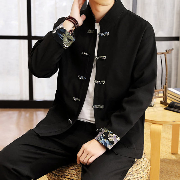 Buddha Stones 2Pcs Tang Suit Frog-Button Men's Waves Long Sleeve Shirt Pants Clothing Set - image 15